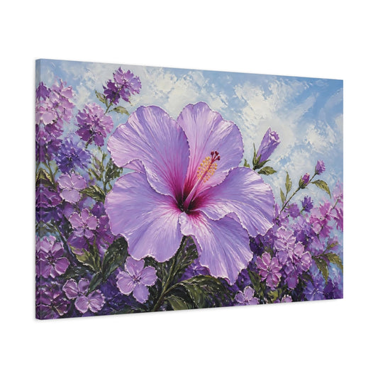 Main Mockup. Floral Hibiscus Purple Hibiscus shown as stretched canvas wall art