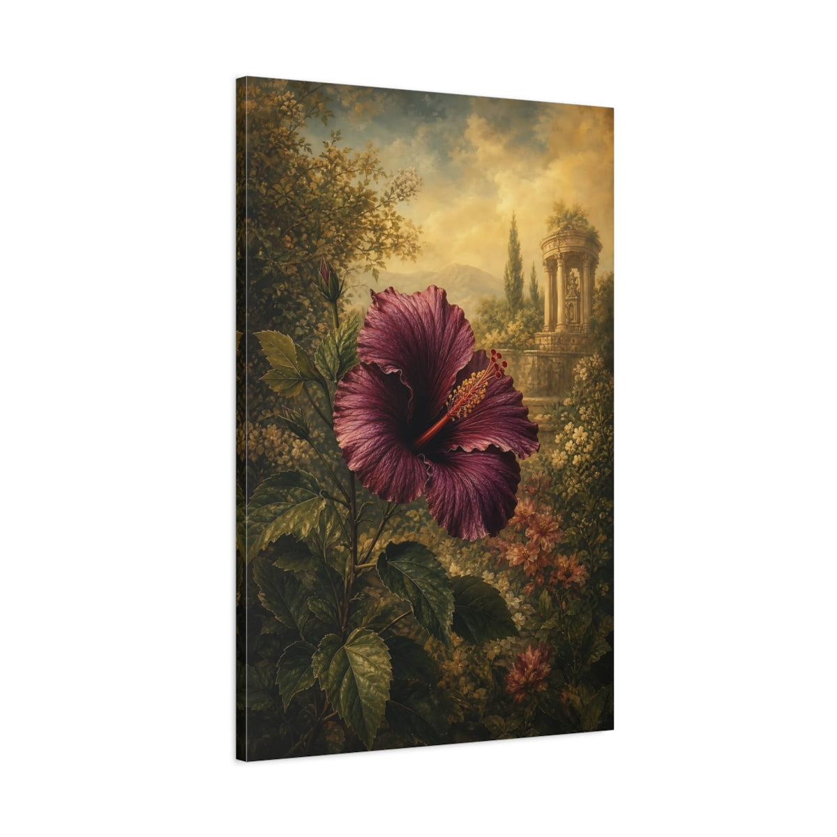 Main Mockup. Floral Hibiscus Purple Hibiscus shown as stretched canvas wall art