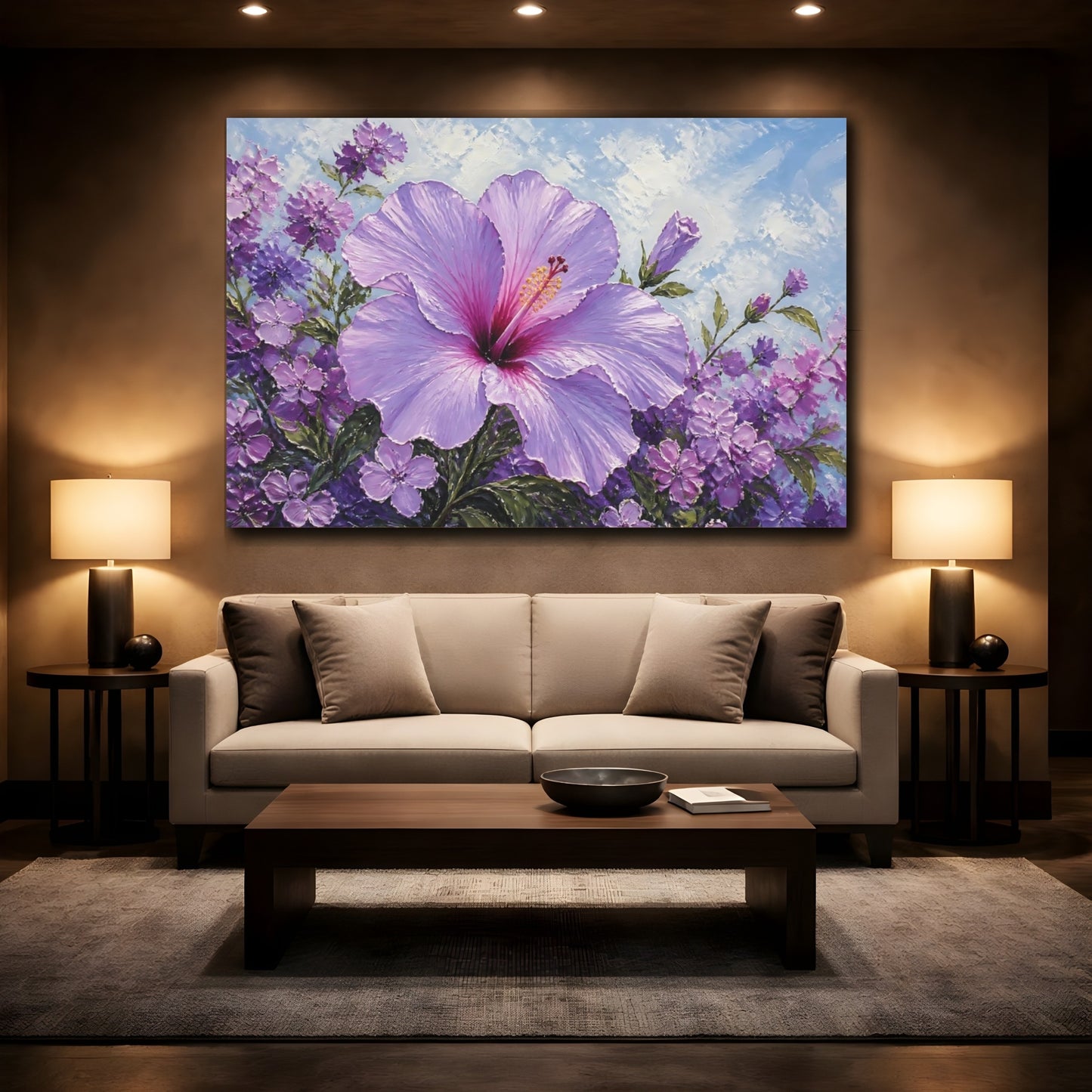 Mockup 2. Floral Hibiscus Purple Hibiscus shown as stretched canvas wall art