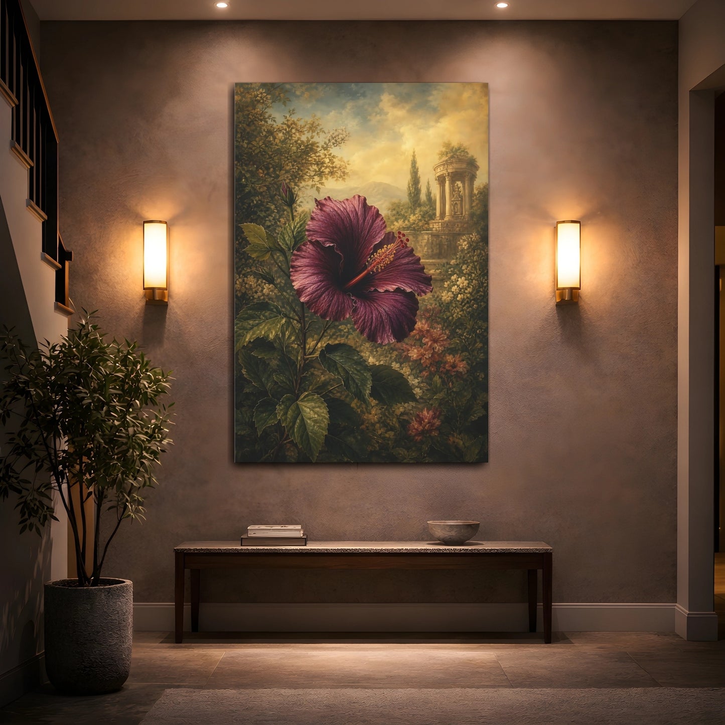 Mockup 2. Floral Hibiscus Purple Hibiscus shown as stretched canvas wall art
