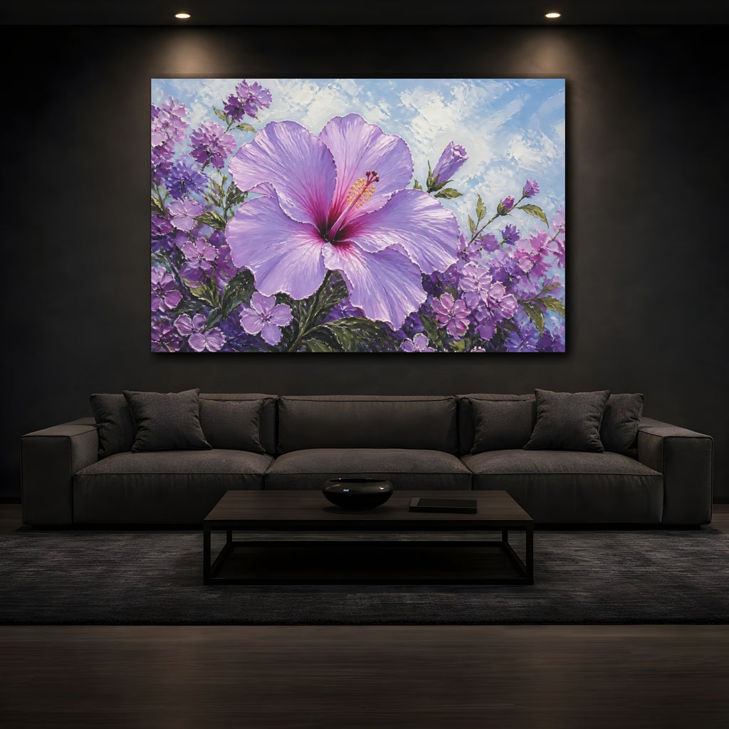 Mockup 3. Floral Hibiscus Purple Hibiscus shown as stretched canvas wall art