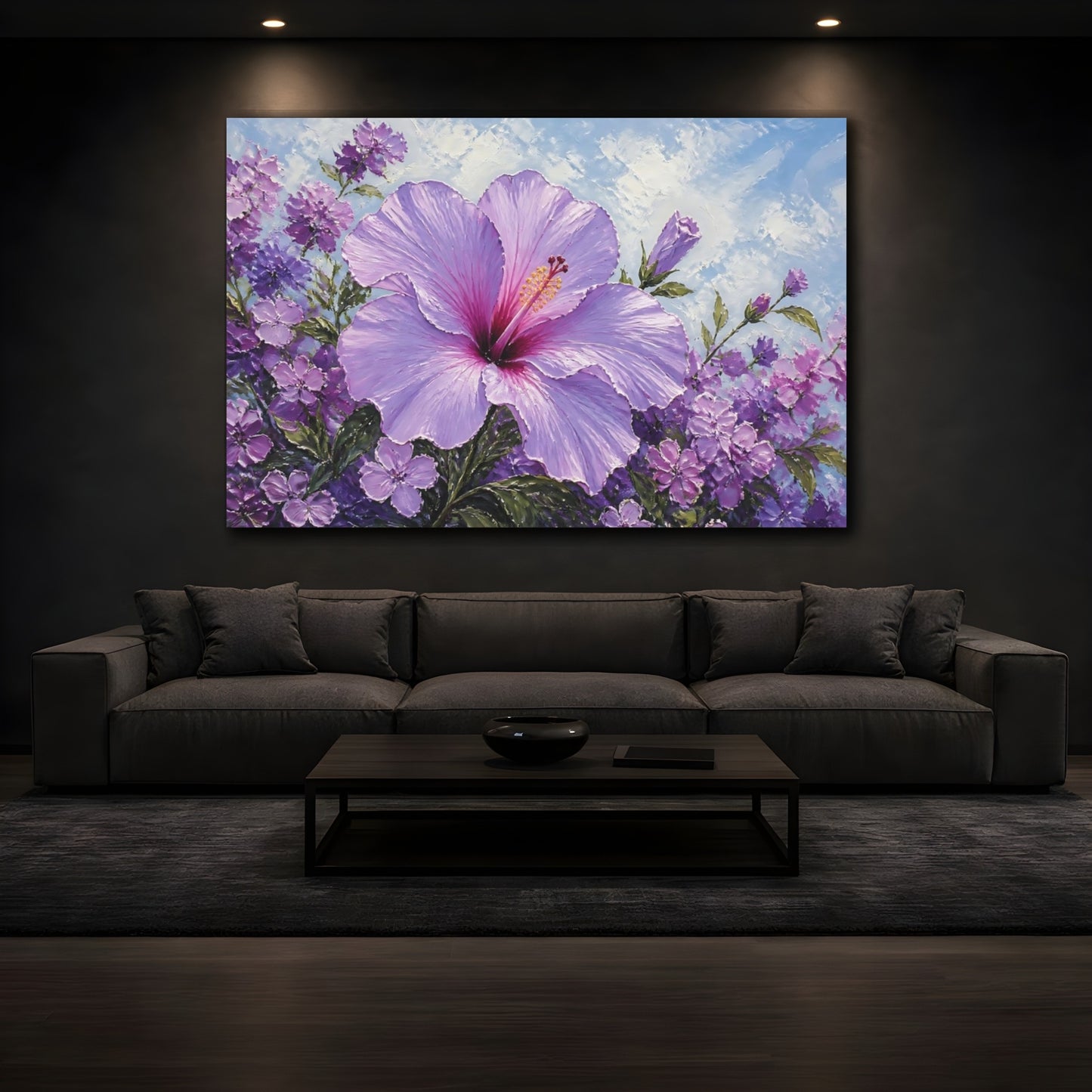 Mockup 3. Floral Hibiscus Purple Hibiscus shown as stretched canvas wall art