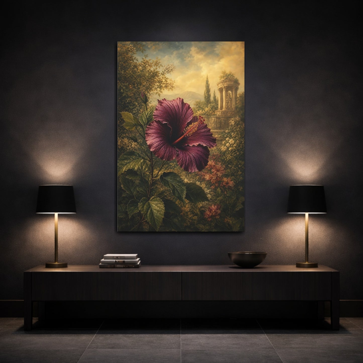 Mockup 3. Floral Hibiscus Purple Hibiscus shown as stretched canvas wall art