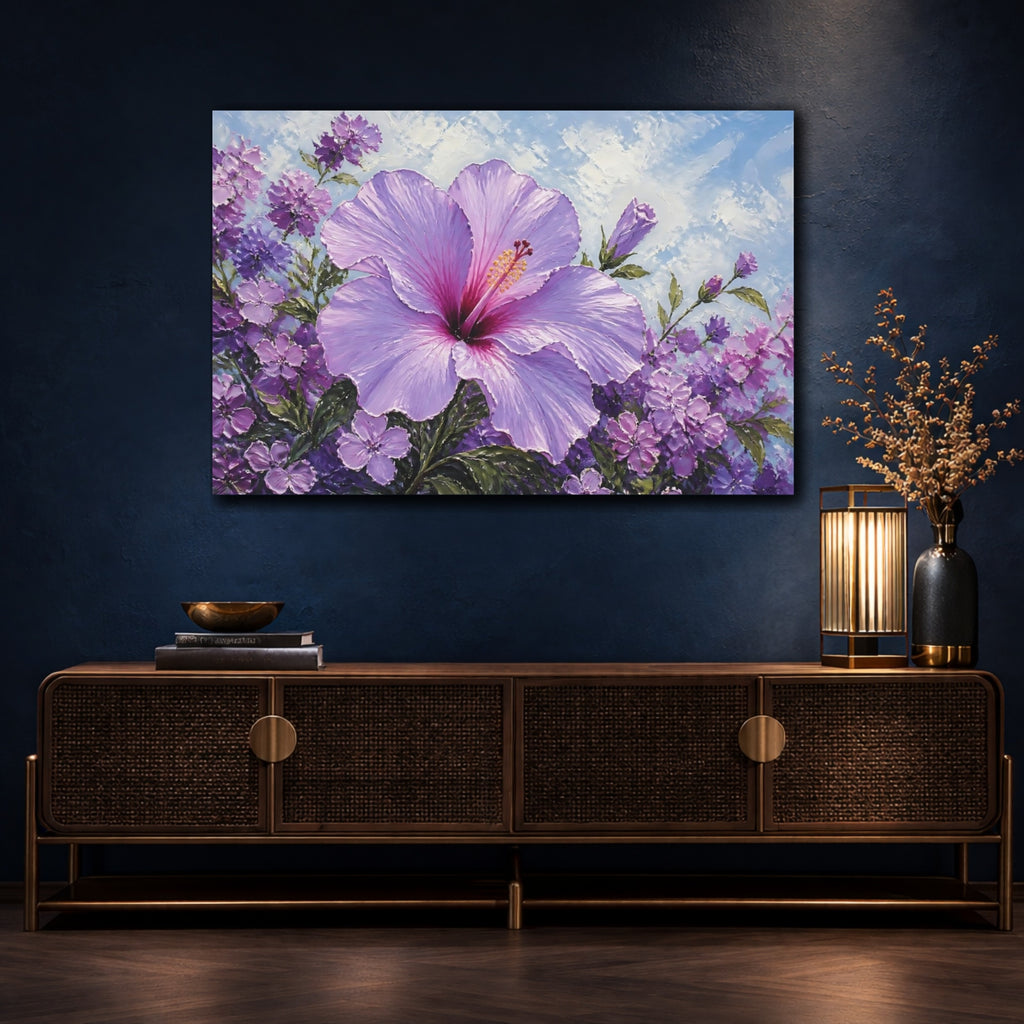 Mockup 4. Floral Hibiscus Purple Hibiscus shown as stretched canvas wall art