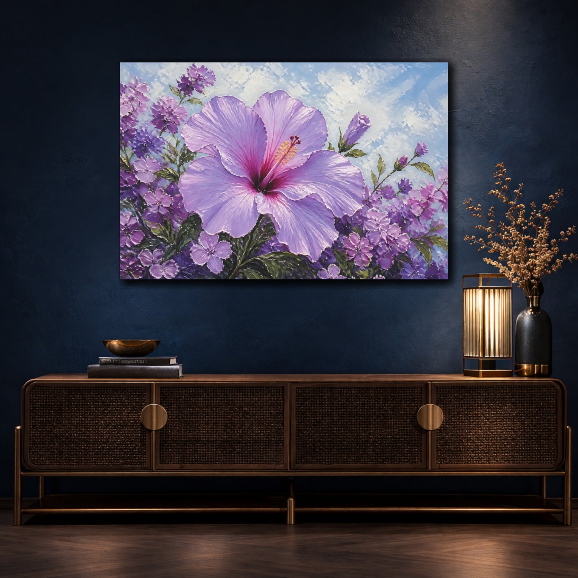 Mockup 4. Floral Hibiscus Purple Hibiscus shown as stretched canvas wall art