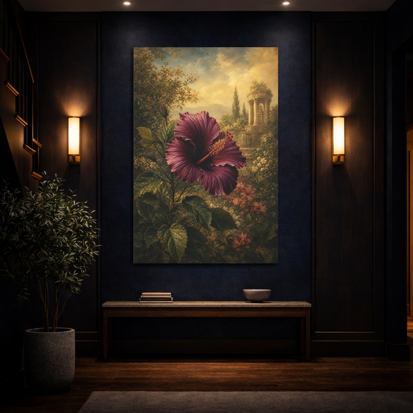 Mockup 4. Floral Hibiscus Purple Hibiscus shown as stretched canvas wall art