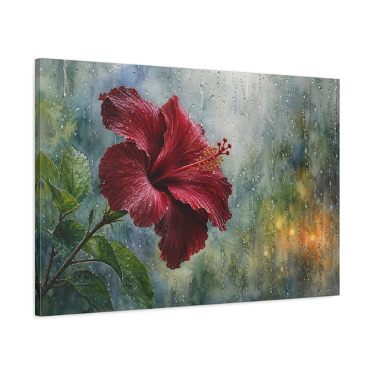 Main Mockup. Floral Hibiscus Red Hibiscus Rain shown as stretched canvas wall art