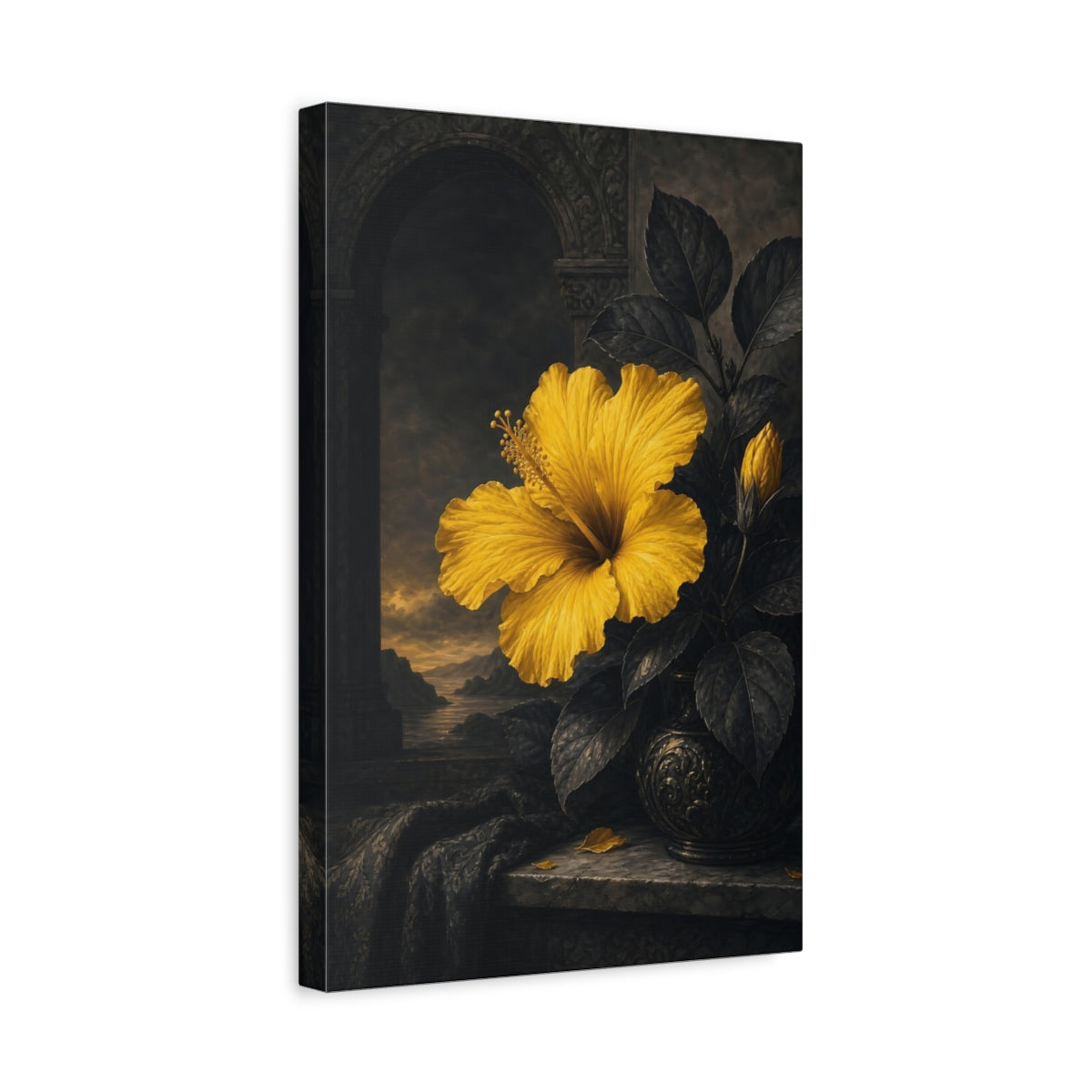 Side Mockup 4. Floral Hibiscus Yellow And Black shown as stretched canvas wall art
