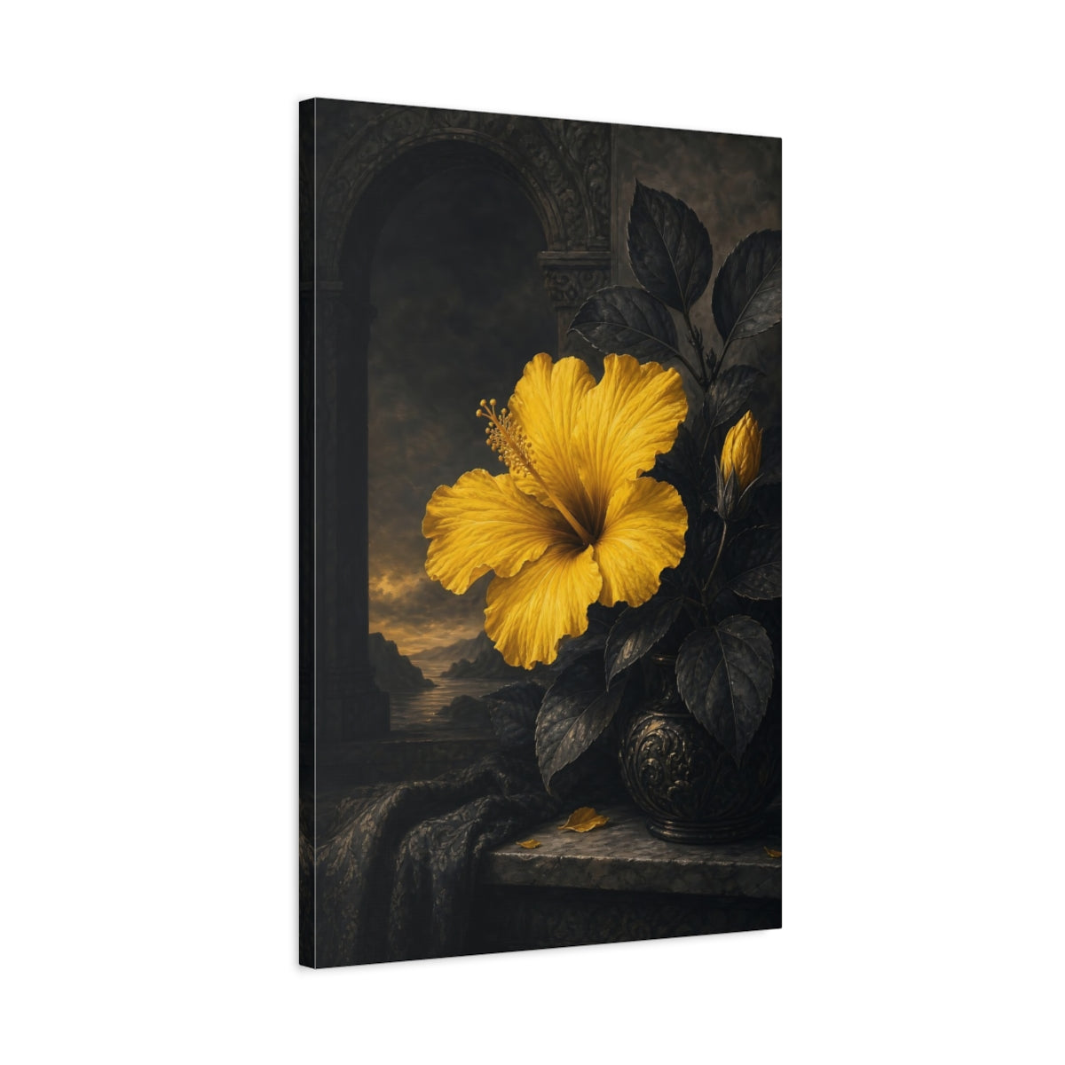 Side Mockup 2. Floral Hibiscus Yellow And Black shown as stretched canvas wall art