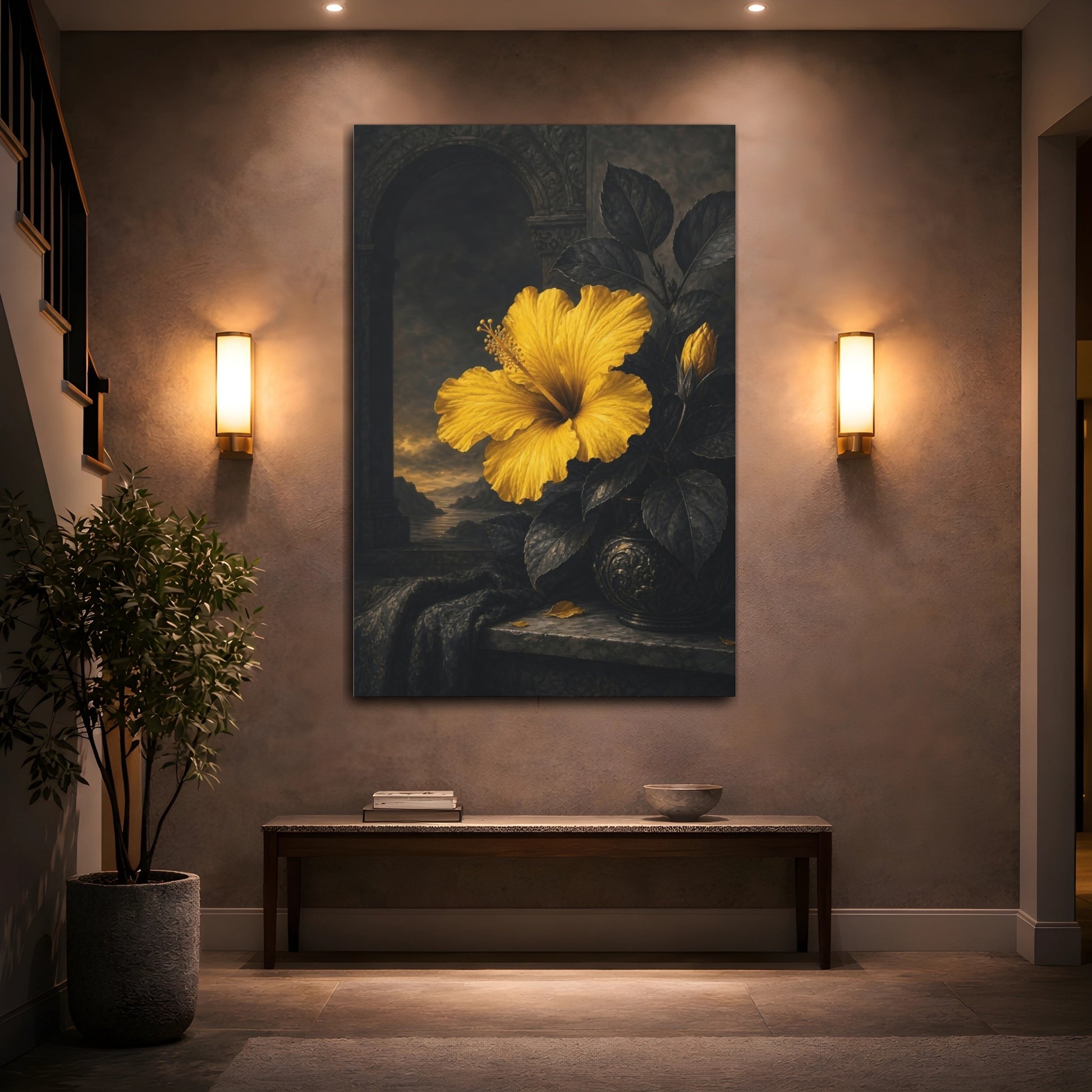 Mockup 2. Floral Hibiscus Yellow And Black shown as stretched canvas wall art