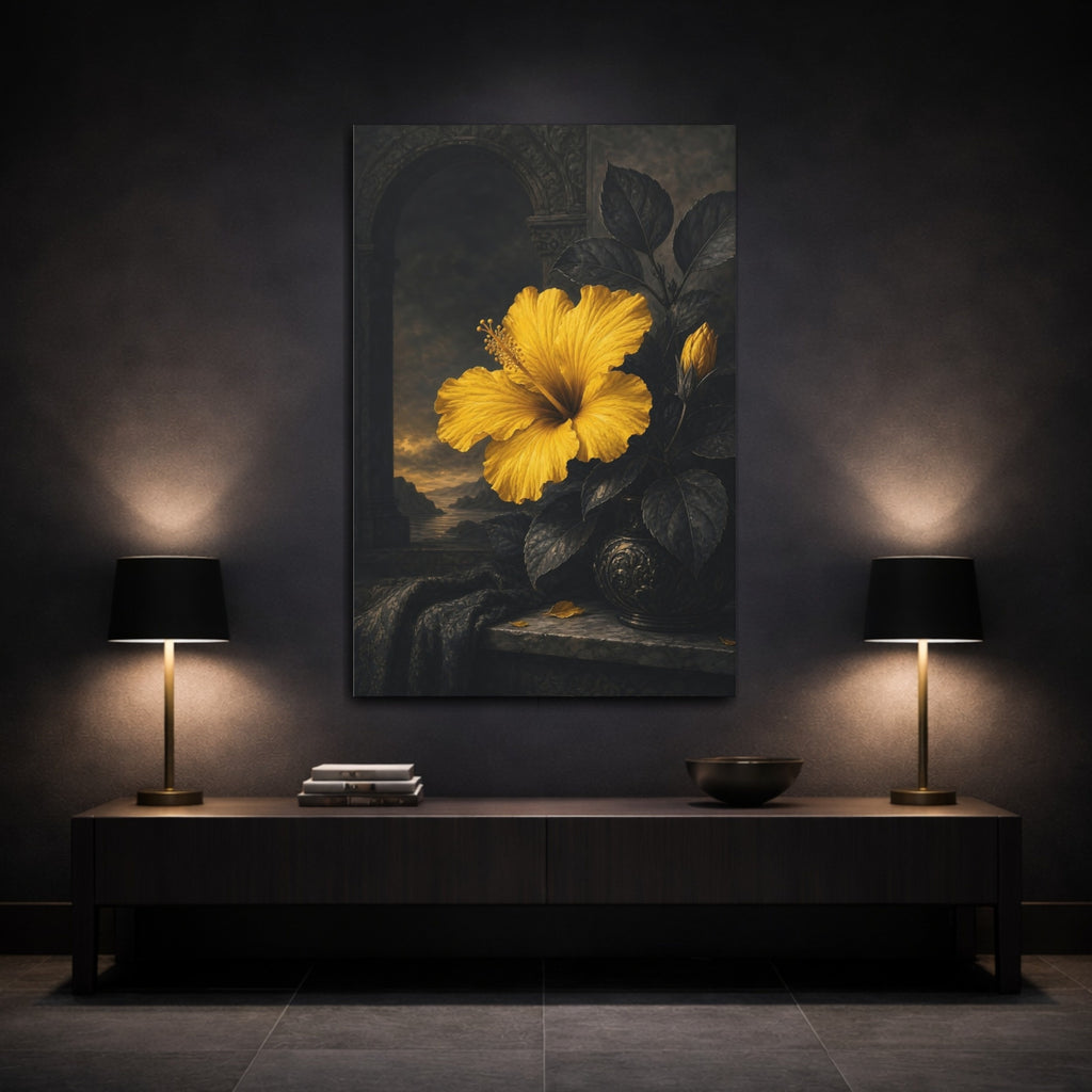 Mockup 3. Floral Hibiscus Yellow And Black shown as stretched canvas wall art