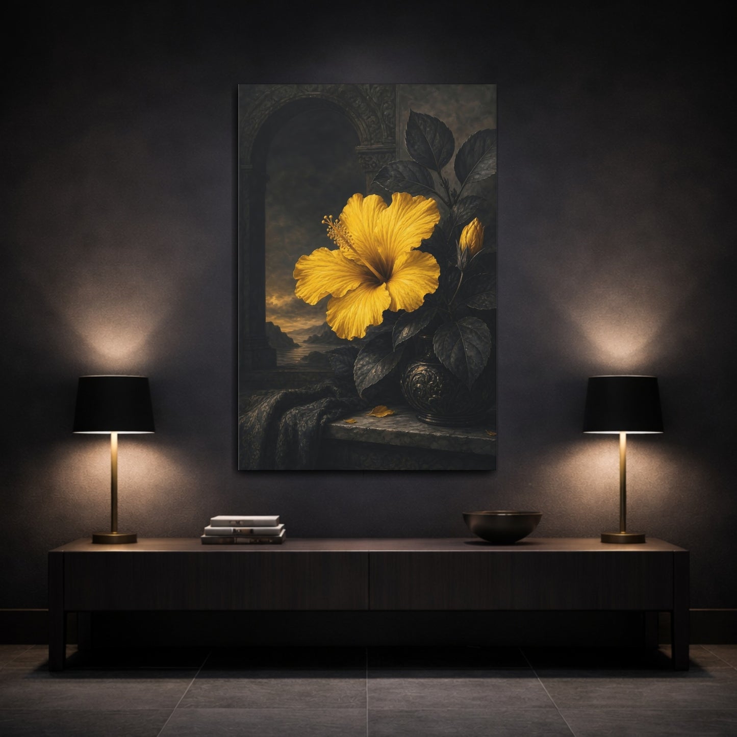Mockup 3. Floral Hibiscus Yellow And Black shown as stretched canvas wall art