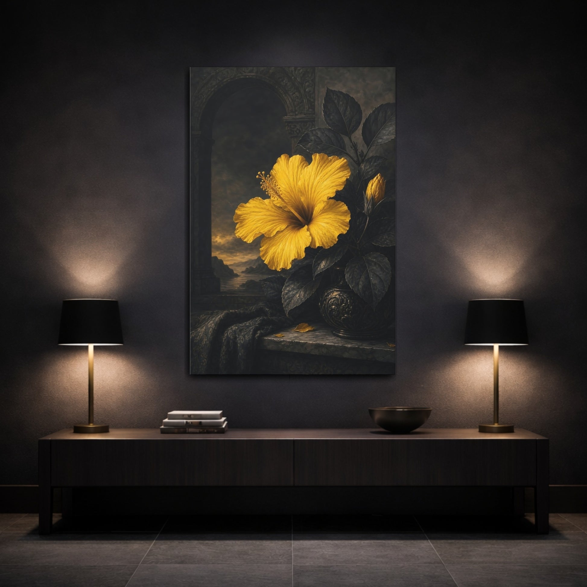 Mockup 3. Floral Hibiscus Yellow And Black shown as stretched canvas wall art