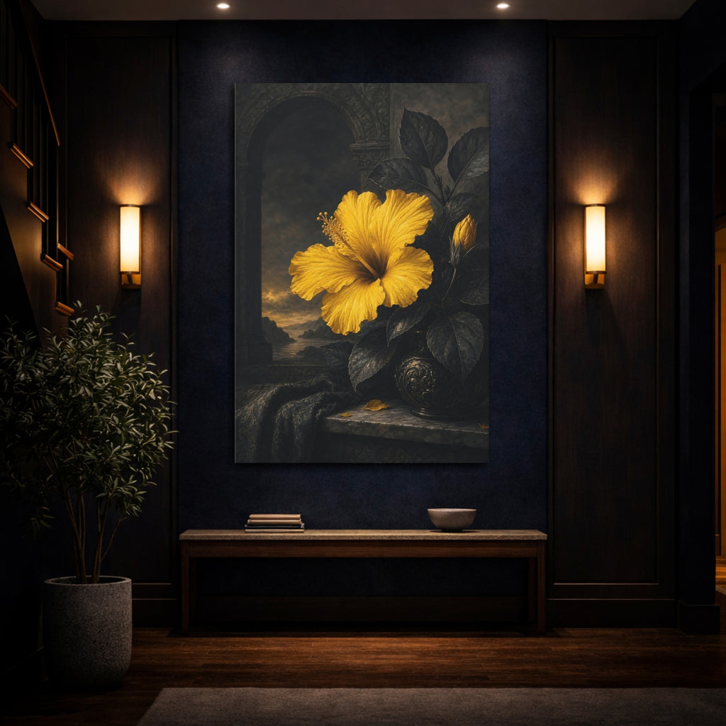 Mockup 4. Floral Hibiscus Yellow And Black shown as stretched canvas wall art