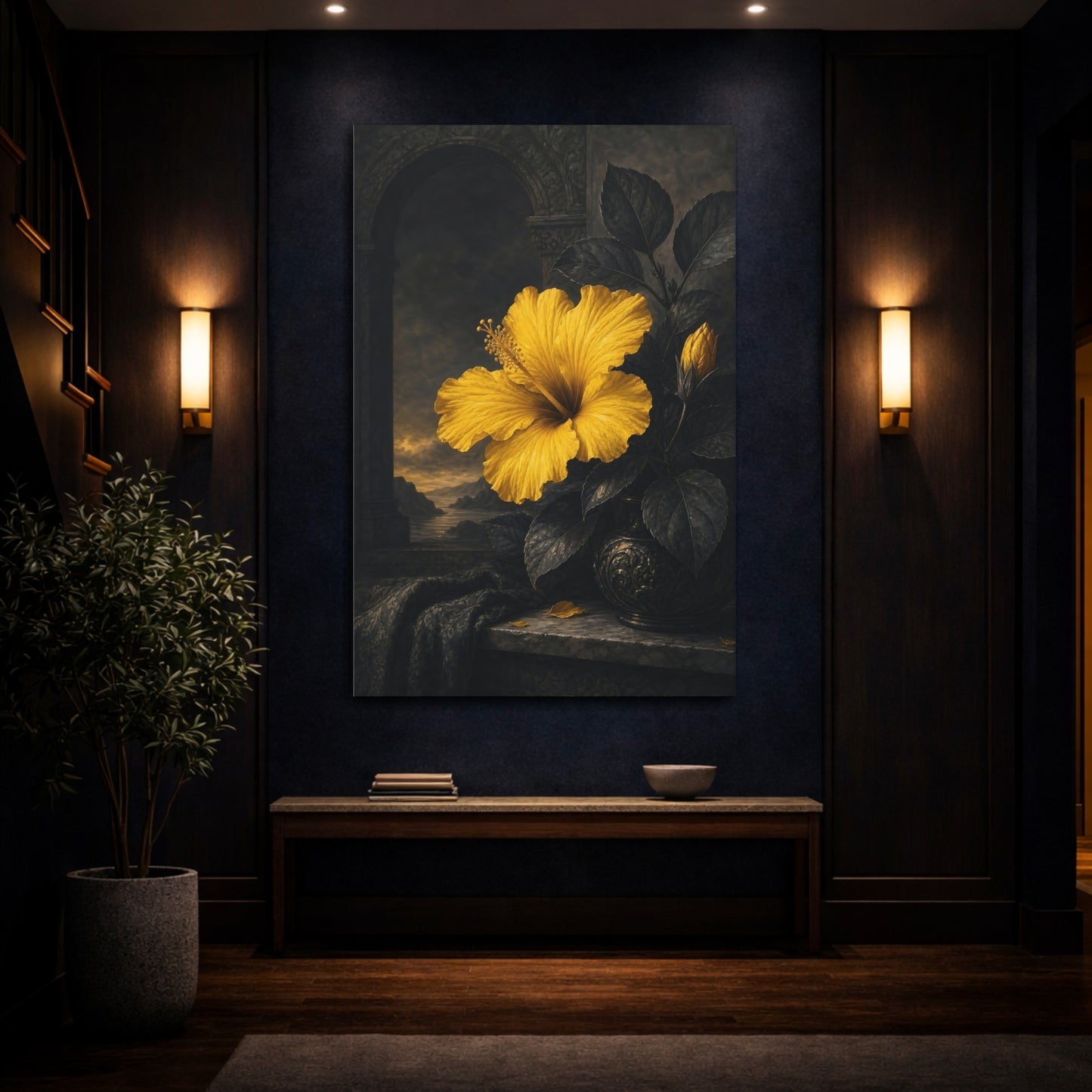 Mockup 4. Floral Hibiscus Yellow And Black shown as stretched canvas wall art
