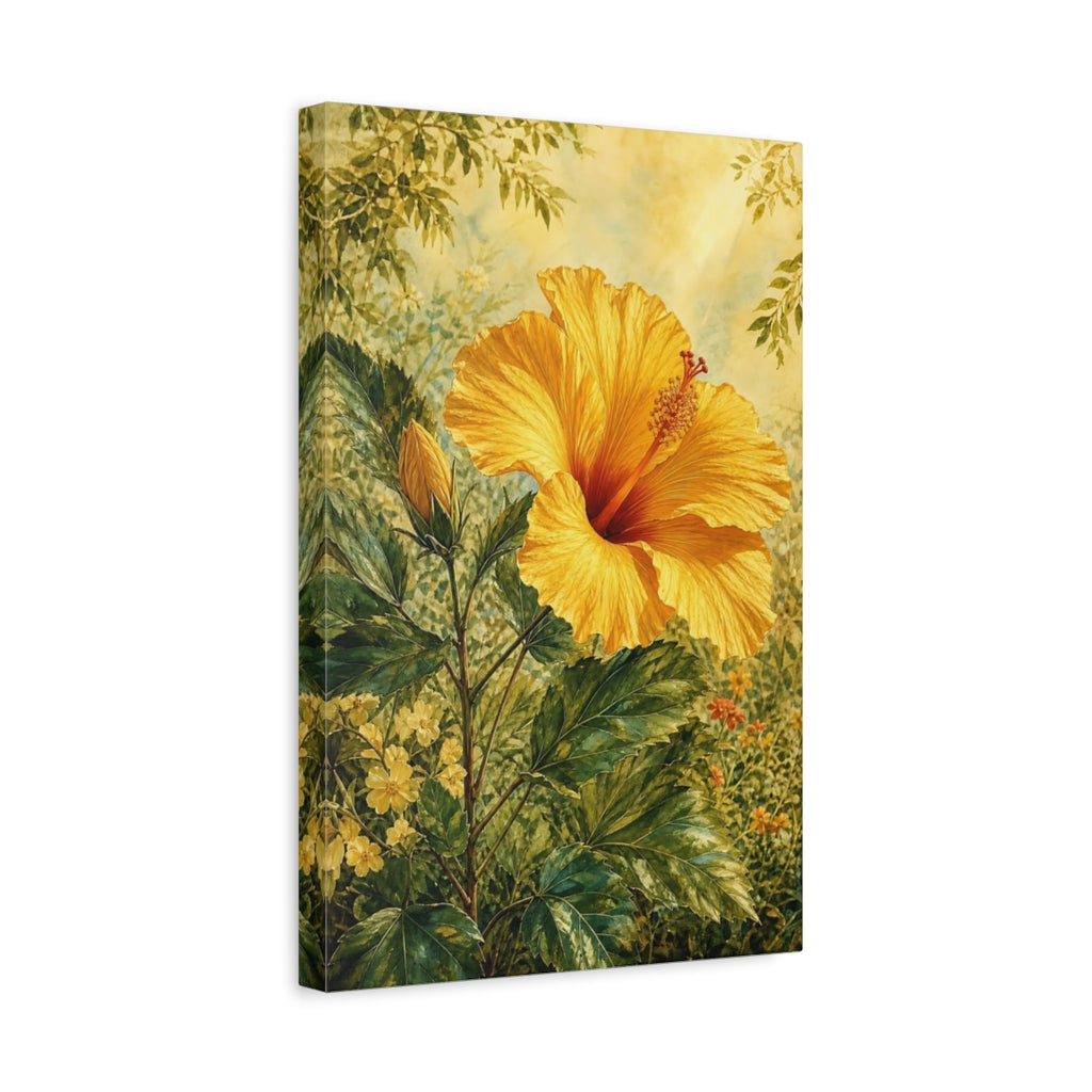 Side Mockup 4. Floral Hibiscus Yellow And Green Floral shown as stretched canvas wall art