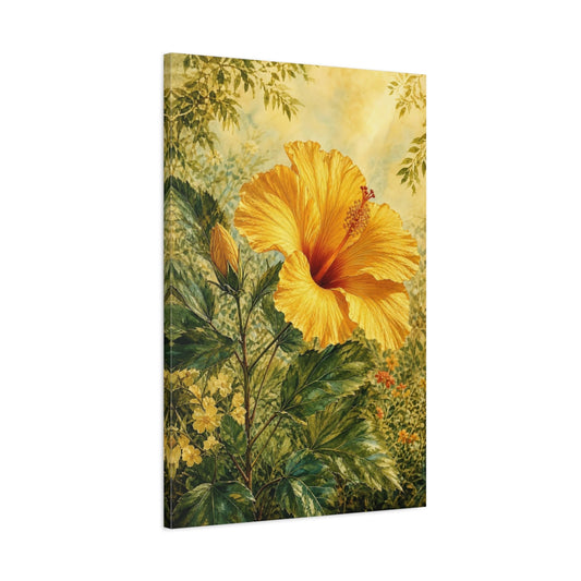 Main Mockup. Floral Hibiscus Yellow And Green Floral shown as stretched canvas wall art