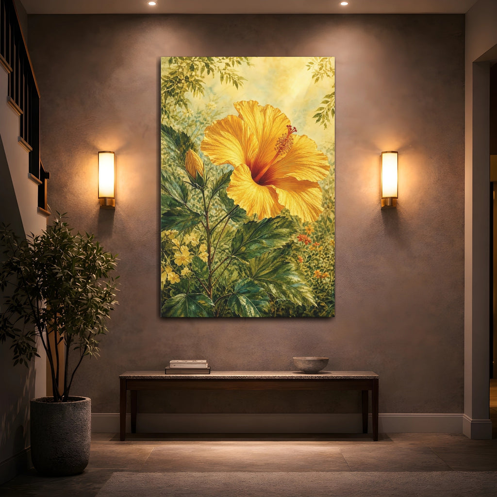 Mockup 2. Floral Hibiscus Yellow And Green Floral shown as stretched canvas wall art