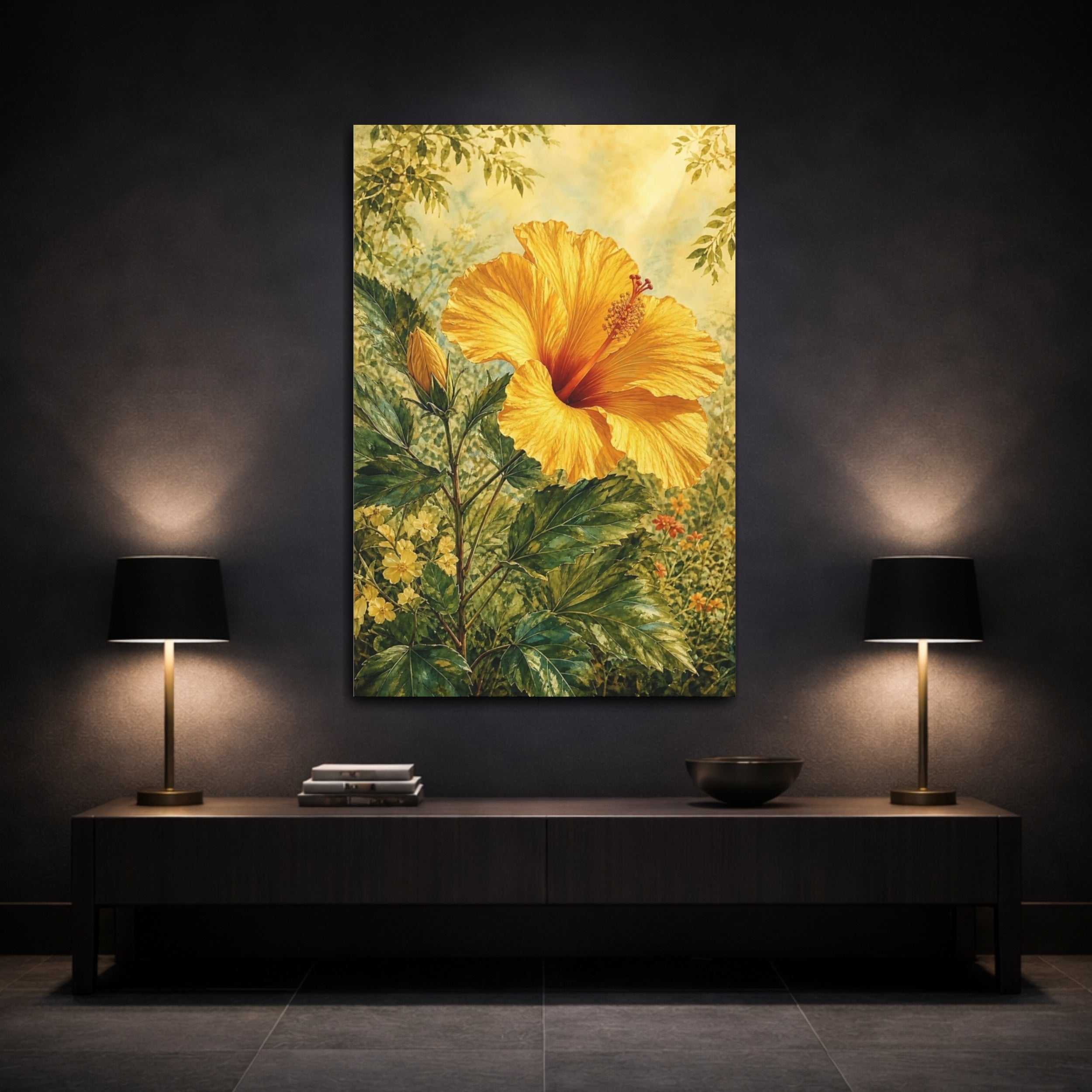 Mockup 3. Floral Hibiscus Yellow And Green Floral shown as stretched canvas wall art