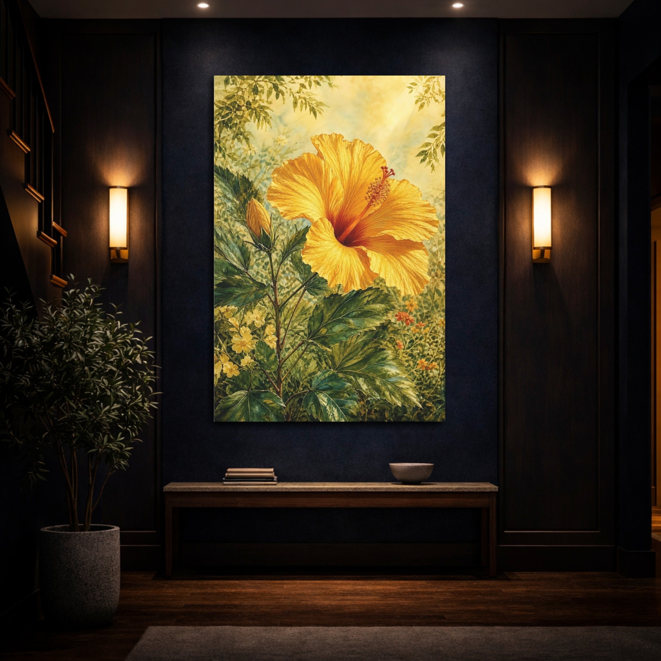 Mockup 4. Floral Hibiscus Yellow And Green Floral shown as stretched canvas wall art