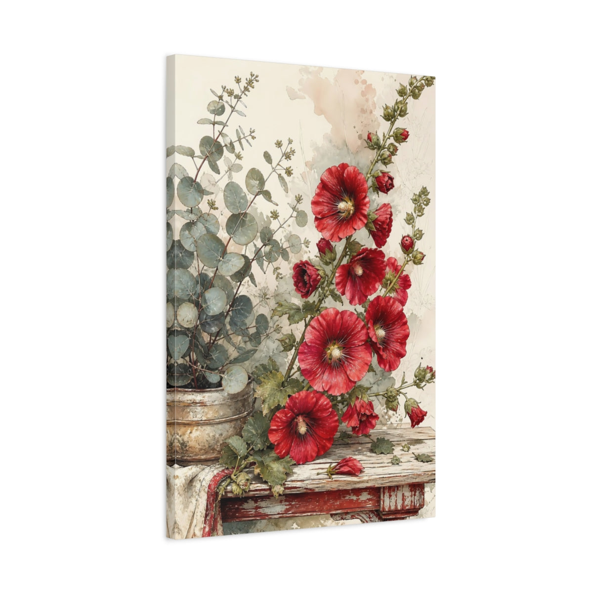 Side Mockup 2. Floral Hollyhock Flowers Red And Green Floral shown as stretched canvas wall art