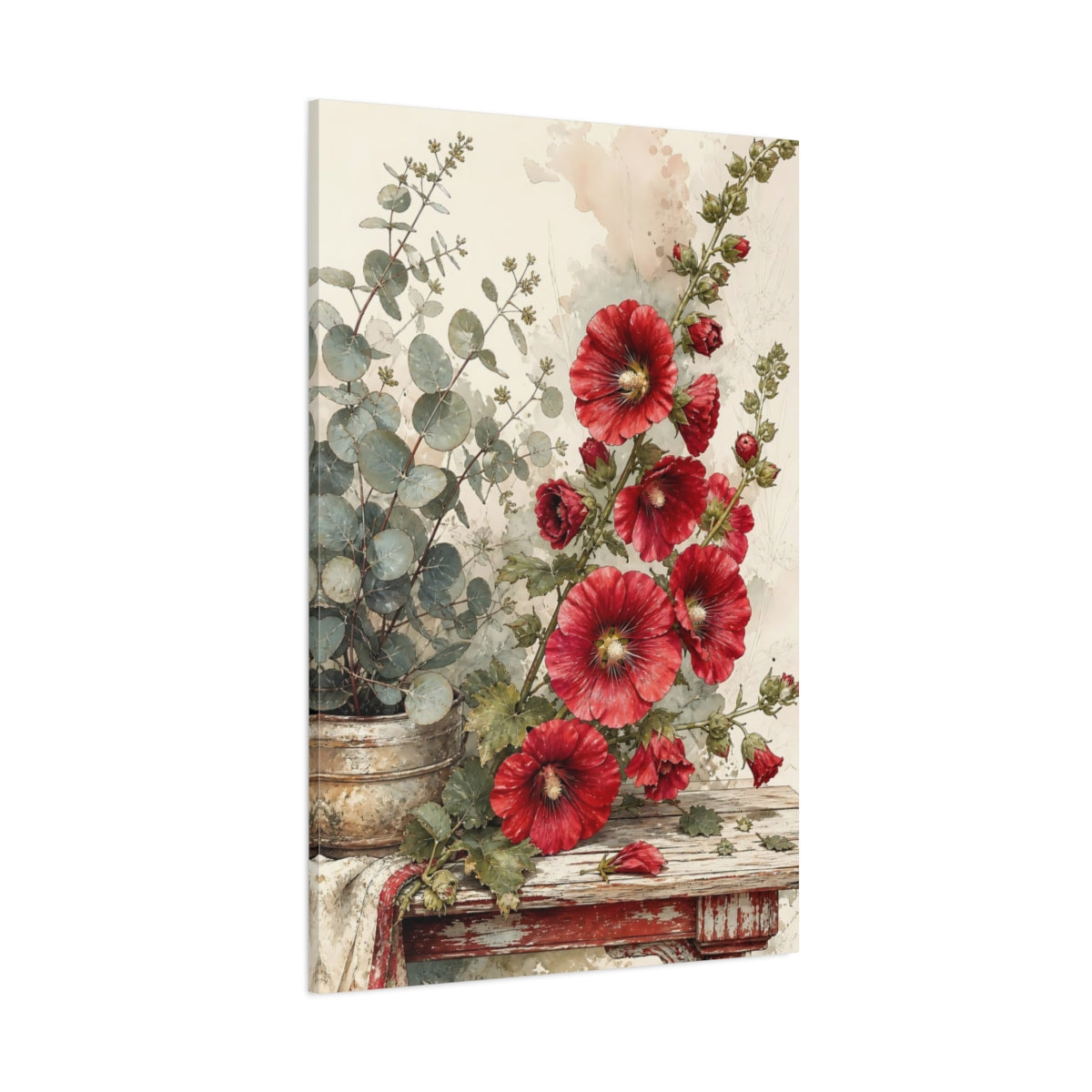 Side Mockup 1. Floral Hollyhock Flowers Red And Green Floral shown as stretched canvas wall art