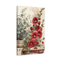 Side Mockup 4. Floral Hollyhock Flowers Red And Green Floral shown as stretched canvas wall art