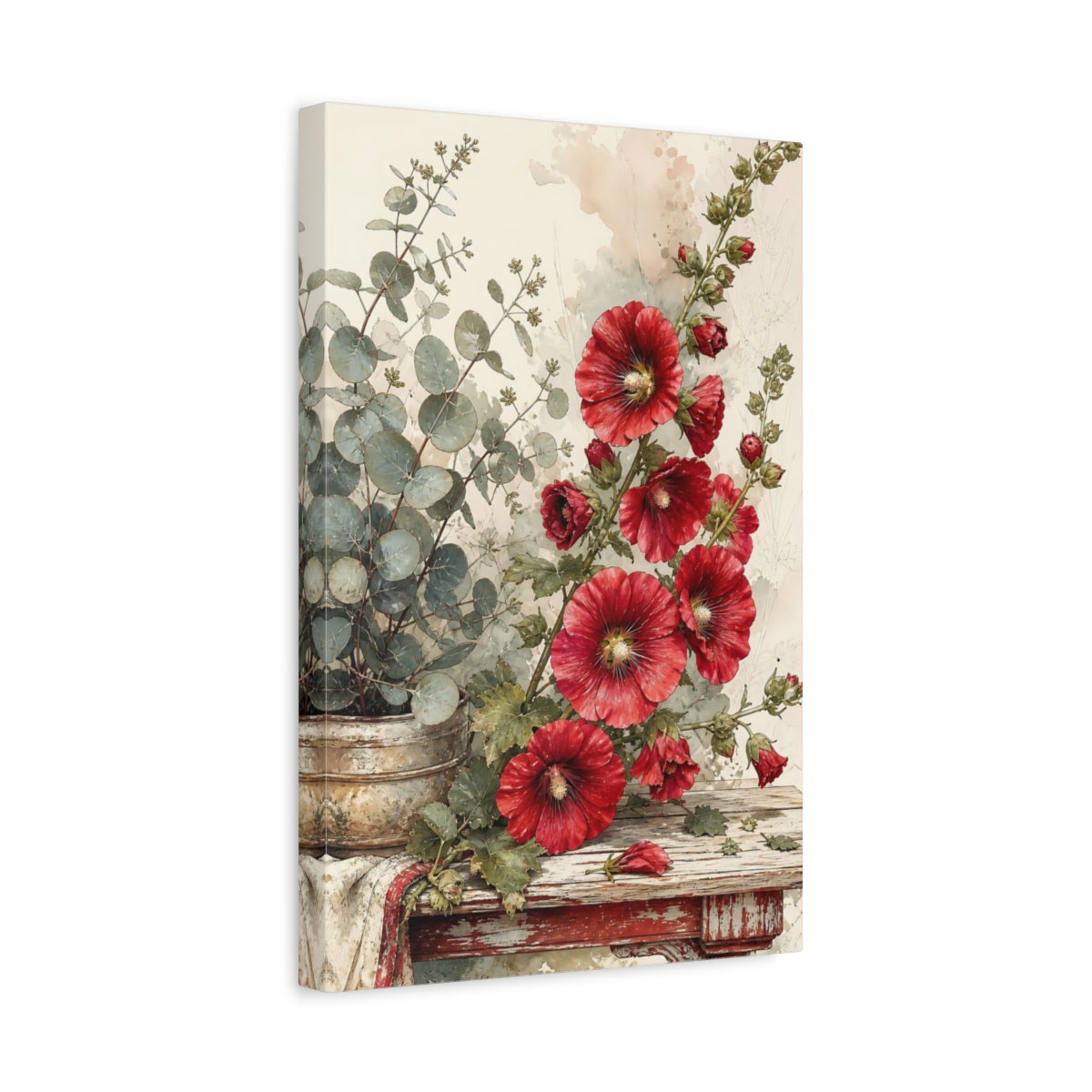 Side Mockup 4. Floral Hollyhock Flowers Red And Green Floral shown as stretched canvas wall art