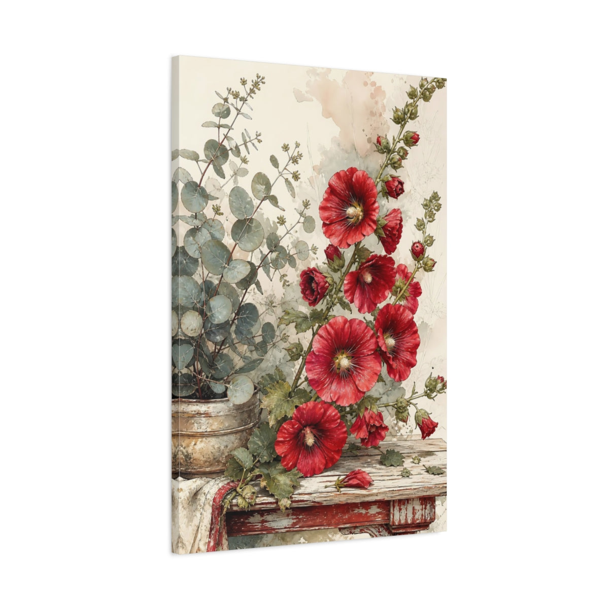 Main Mockup. Floral Hollyhock Flowers Red And Green Floral shown as stretched canvas wall art