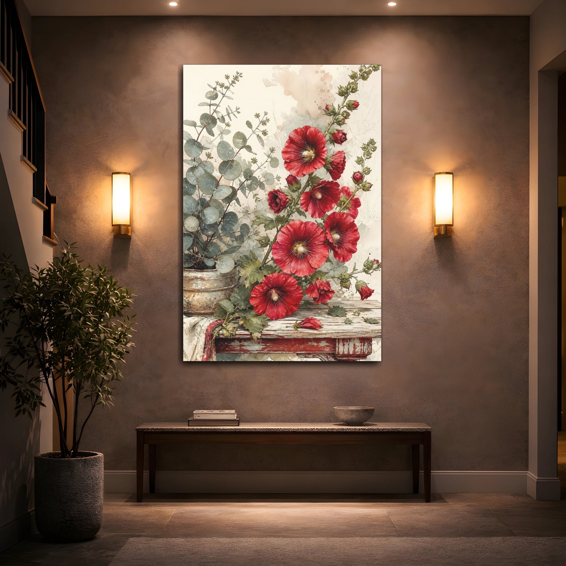 Mockup 2. Floral Hollyhock Flowers Red And Green Floral shown as stretched canvas wall art