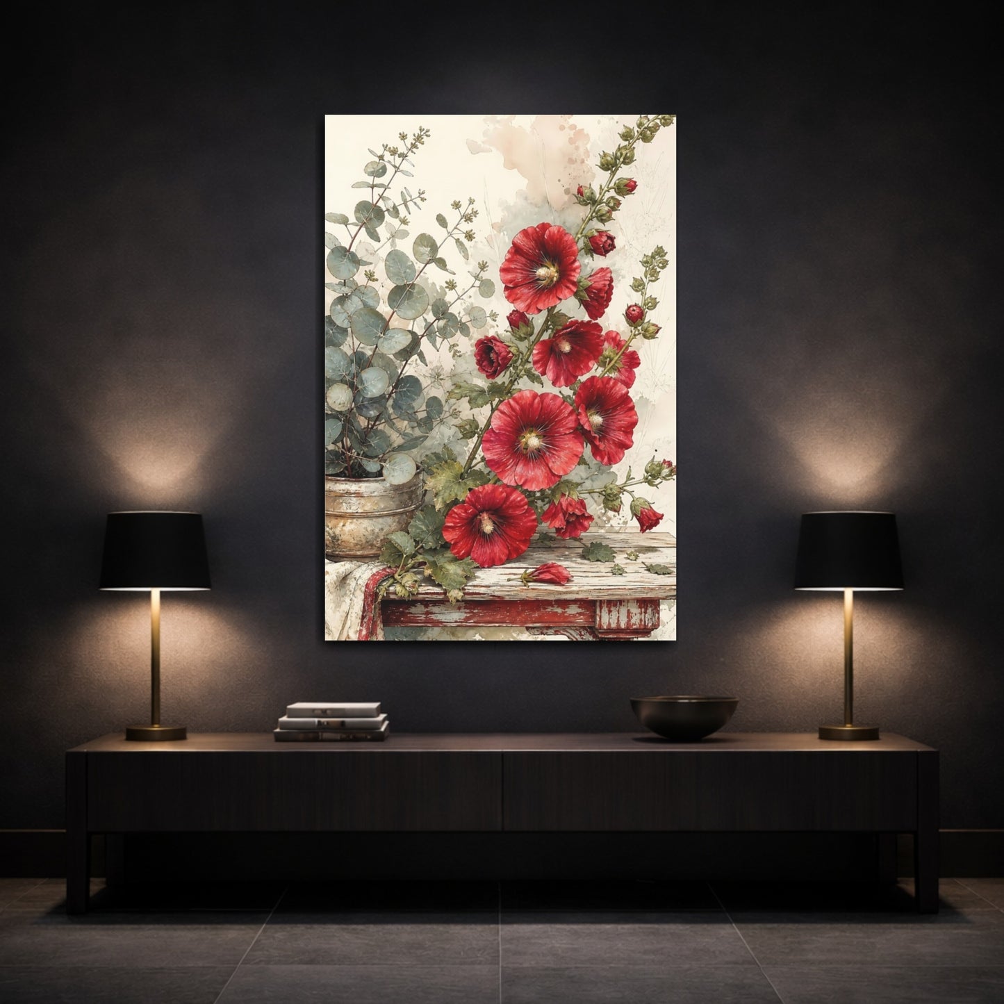 Mockup 3. Floral Hollyhock Flowers Red And Green Floral shown as stretched canvas wall art