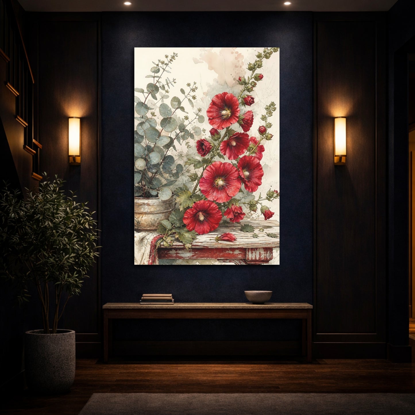 Mockup 4. Floral Hollyhock Flowers Red And Green Floral shown as stretched canvas wall art