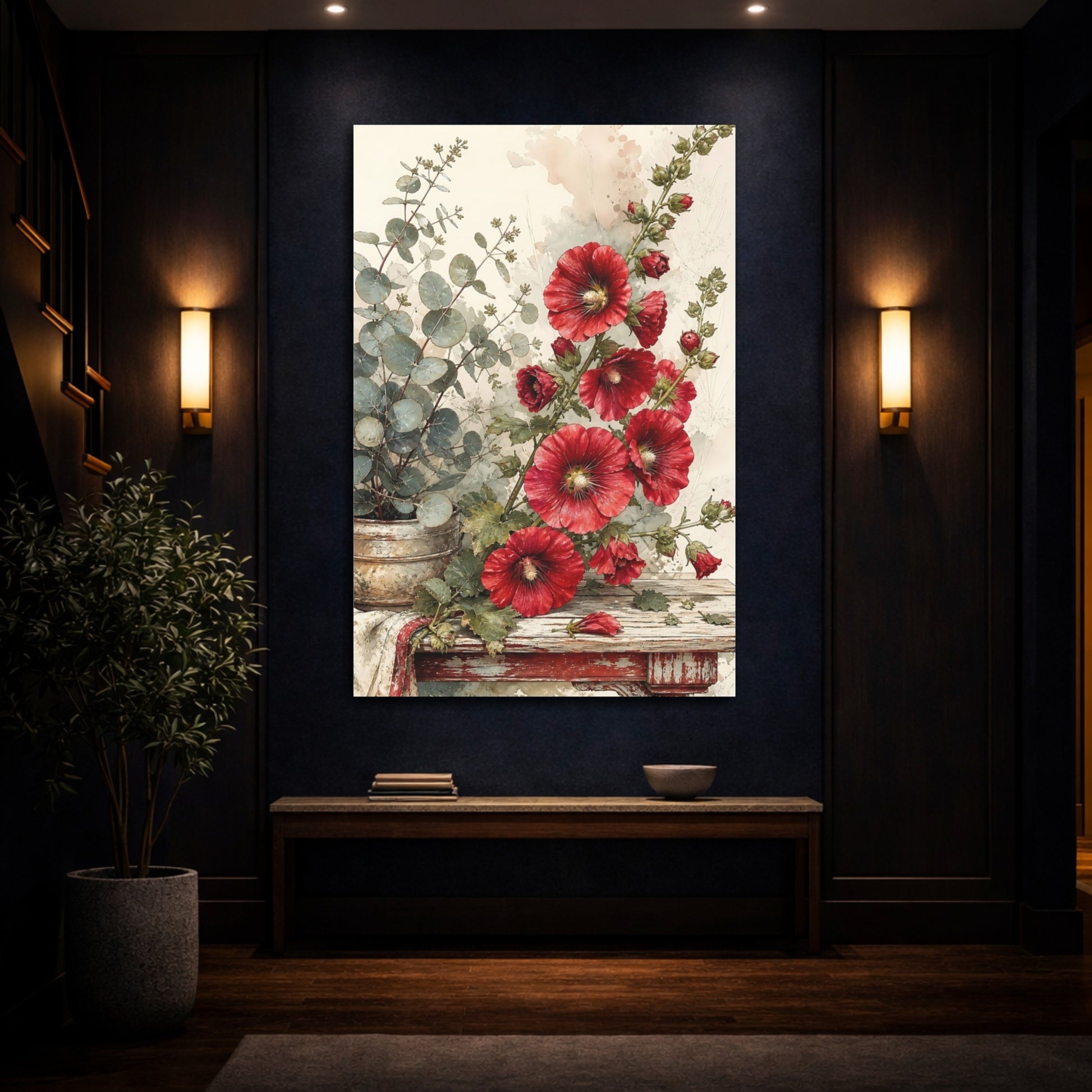 Mockup 4. Floral Hollyhock Flowers Red And Green Floral shown as stretched canvas wall art