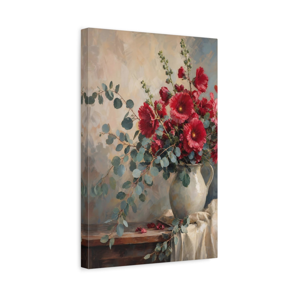 Side Mockup 4. Floral Hollyhocks Red Hollyhocks shown as stretched canvas wall art