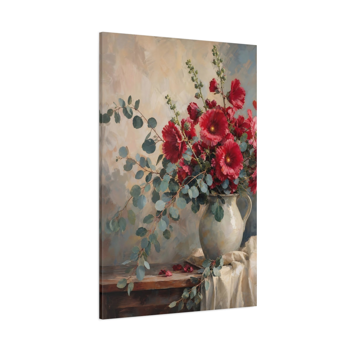 Side Mockup 1. Floral Hollyhocks Red Hollyhocks shown as stretched canvas wall art