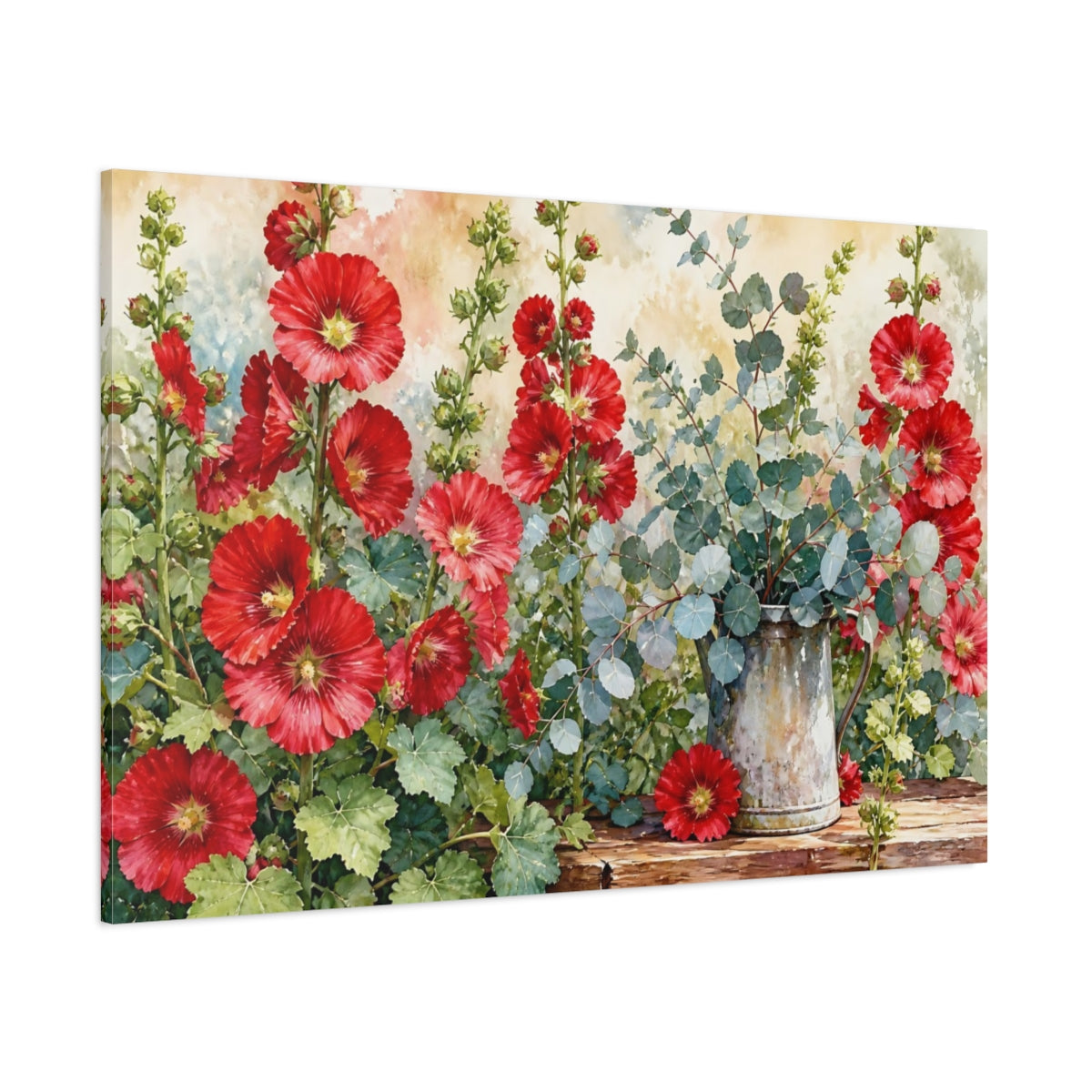 Side Mockup 1. Floral Hollyhocks Red Floral shown as stretched canvas wall art
