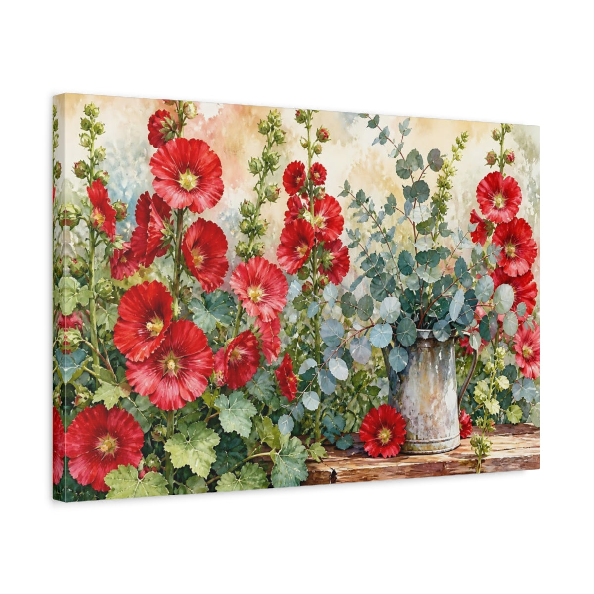 Side Mockup 3. Floral Hollyhocks Red Floral shown as stretched canvas wall art