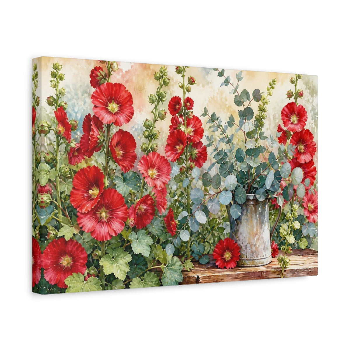 Side Mockup 4. Floral Hollyhocks Red Floral shown as stretched canvas wall art