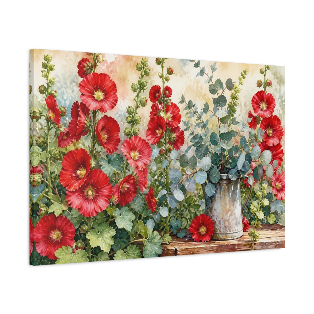 Main Mockup. Floral Hollyhocks Red Floral shown as stretched canvas wall art