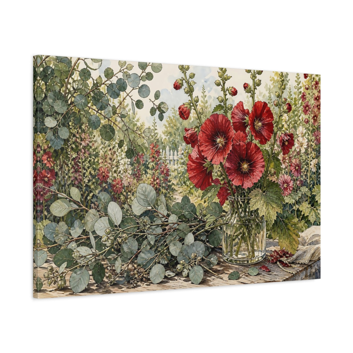 Main Mockup. Floral Hollyhocks Red Floral Garden shown as stretched canvas wall art