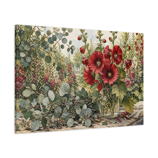 Main Mockup. Floral Hollyhocks Red Floral Garden shown as stretched canvas wall art