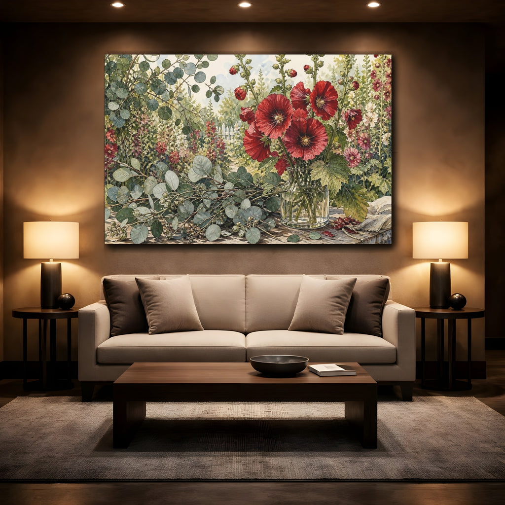Mockup 2. Floral Hollyhocks Red Floral Garden shown as stretched canvas wall art