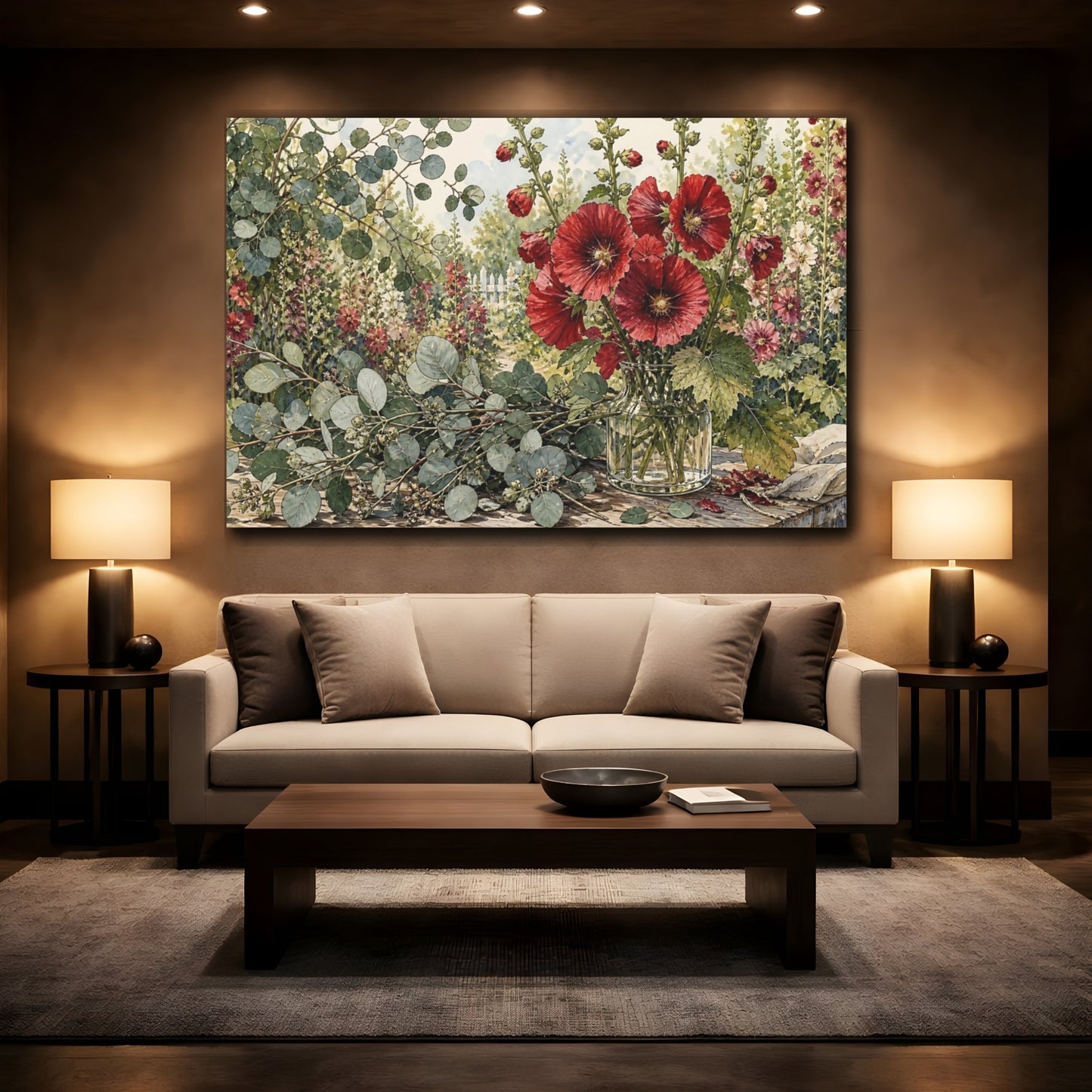 Mockup 2. Floral Hollyhocks Red Floral Garden shown as stretched canvas wall art
