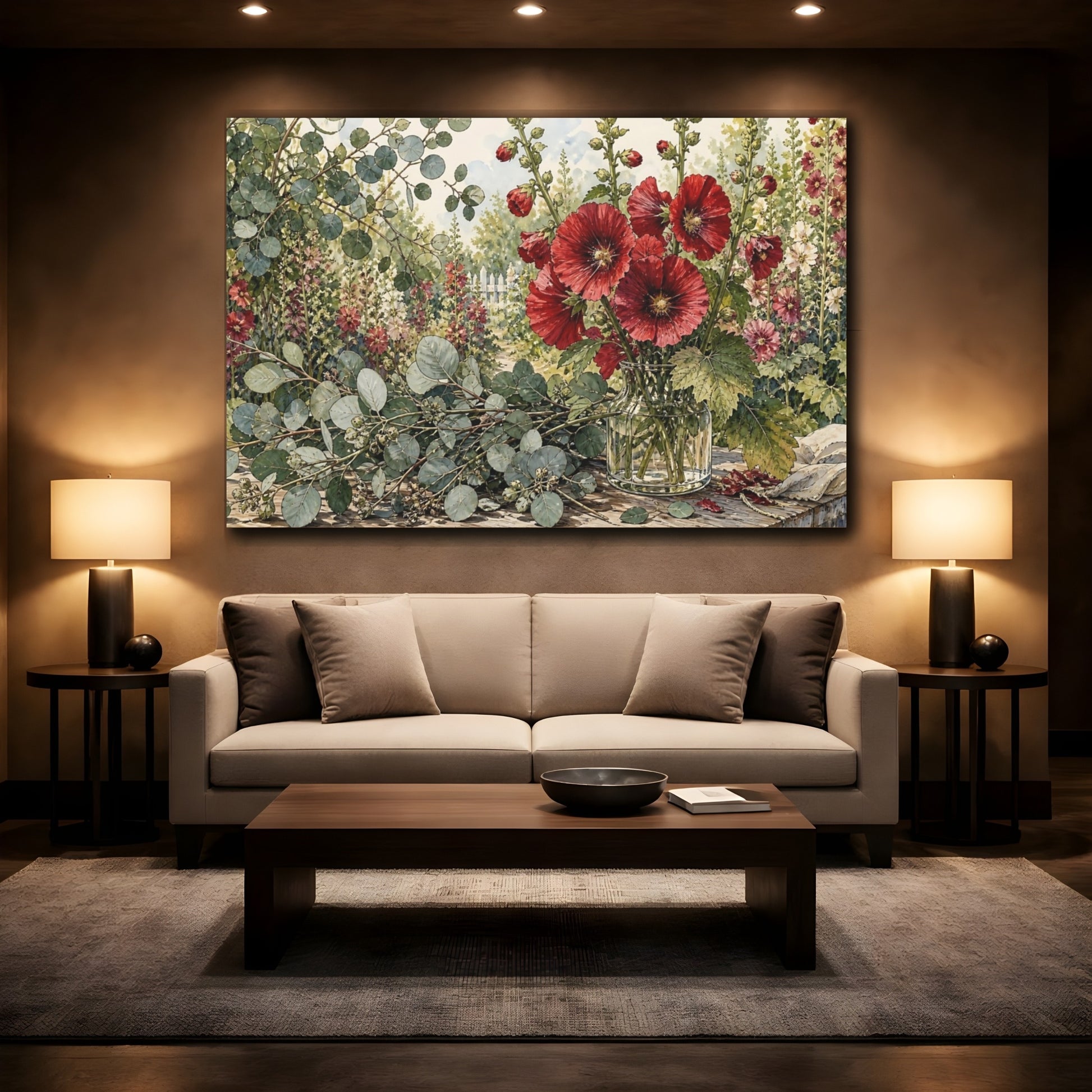 Mockup 2. Floral Hollyhocks Red Floral Garden shown as stretched canvas wall art