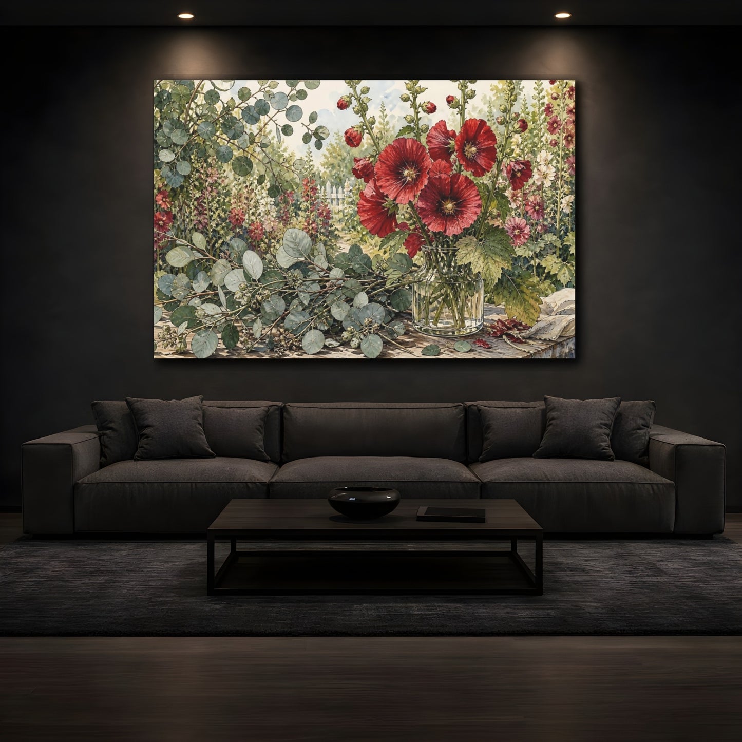 Mockup 3. Floral Hollyhocks Red Floral Garden shown as stretched canvas wall art