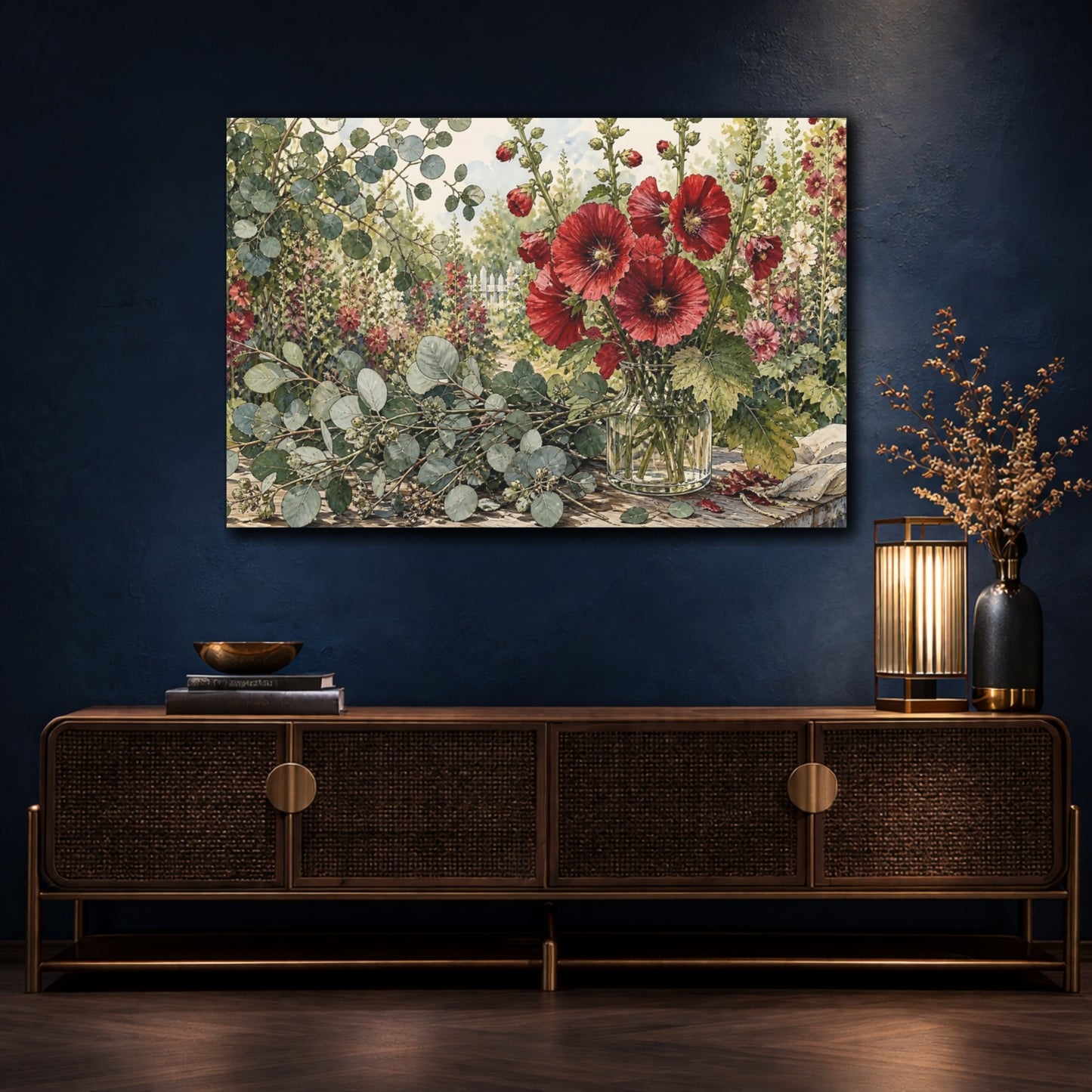 Mockup 4. Floral Hollyhocks Red Floral Garden shown as stretched canvas wall art