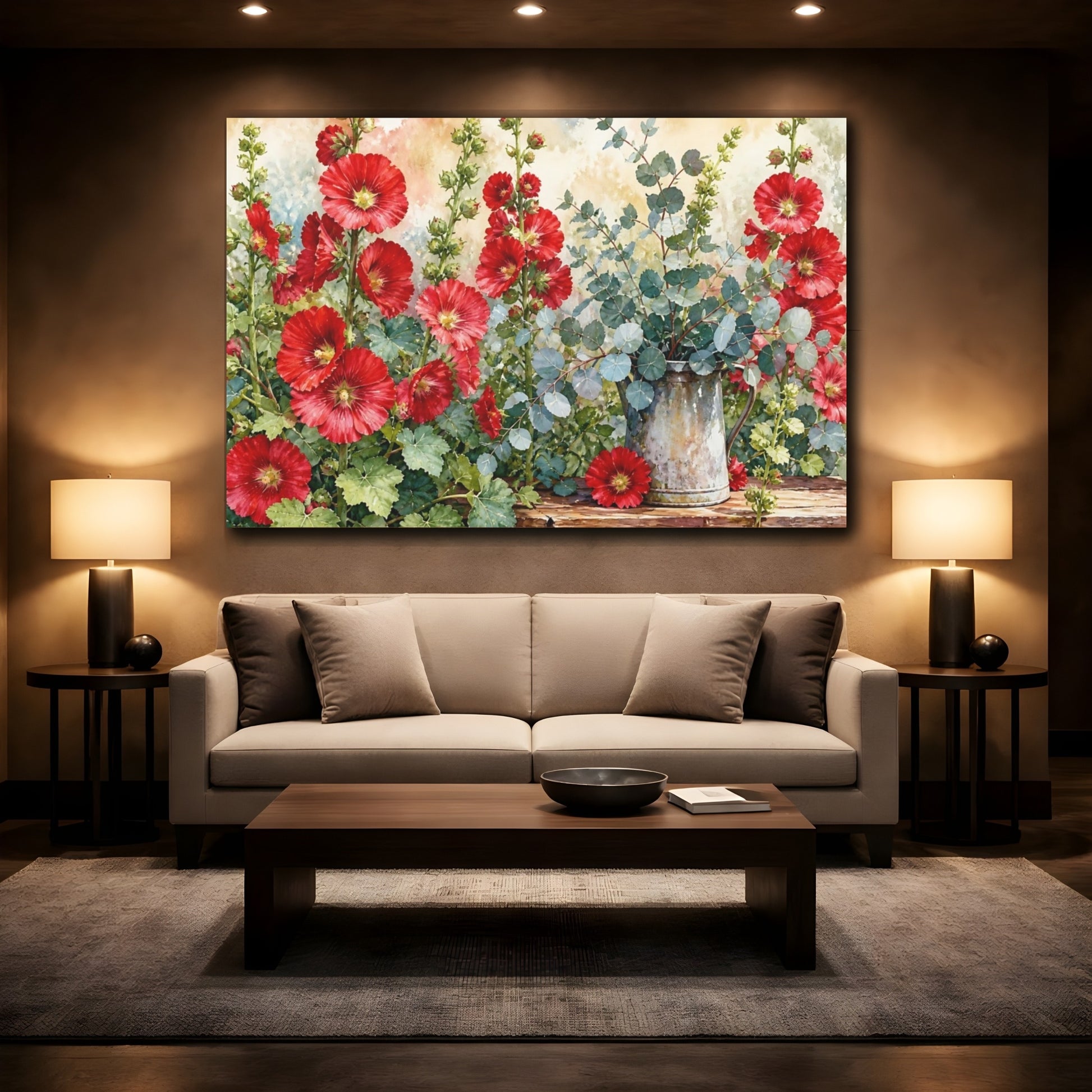 Mockup 2. Floral Hollyhocks Red Floral shown as stretched canvas wall art