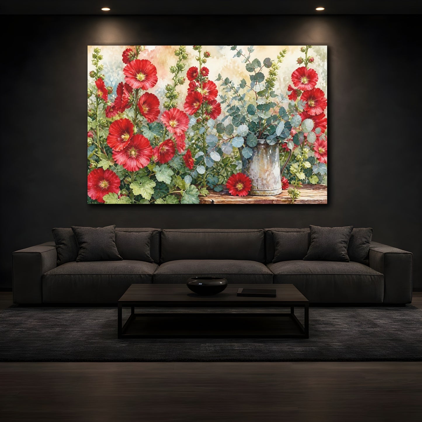 Mockup 3. Floral Hollyhocks Red Floral shown as stretched canvas wall art