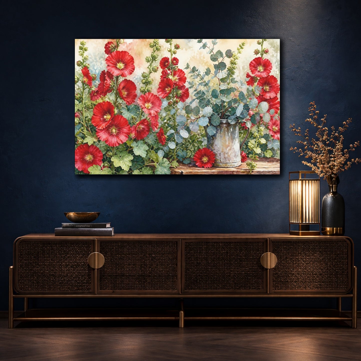 Mockup 4. Floral Hollyhocks Red Floral shown as stretched canvas wall art