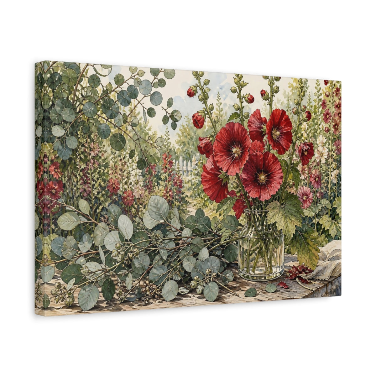 Side Mockup 4. Floral Hollyhocks Red Floral Garden shown as stretched canvas wall art